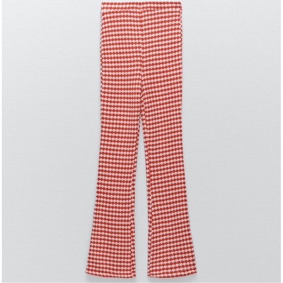 Zara Red White Knit High Waist Flare Leg Pants Trousers - Picture 8 of 8